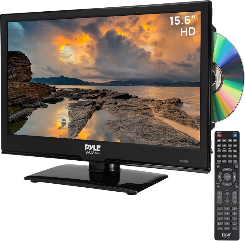 Pyle تلفاز LED مسطح 15.6 بوصة، تلفاز صغير بدقة 1080 بكسل للسيارات، المنازل، وRV، HDMI، RCA، مجموعة DVD مدمجة، محول 12/24 فولت، تلفاز قابل للتعليق على الحائط مع جهاز تحكم عن بعد، متوافق مع ماك وPC، شاشة رفيعة، أسود - Image 1